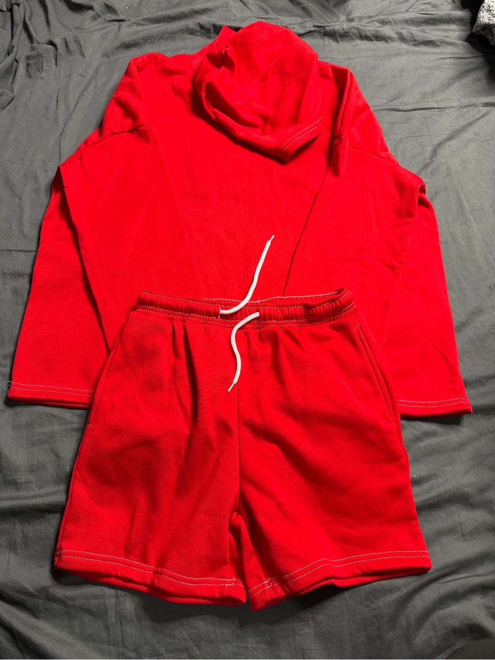 Women's Red Cozy Lounge Pajama Set with Hoodie and Drawstring Shorts